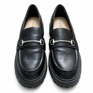 Esprit Black Chunky Lug Sole Horsebit Loafers Platform Leather Shoes